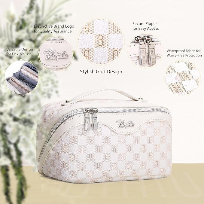 BOYATU Travel Makeup Bag Organizer Cosmetic Bag: 3 Pcs Set Make up Bags for Women with Handle - Waterproof Vegan Leather Toiletry Bags Travel Essentials Pouch with Compartments (H-04-Orange)