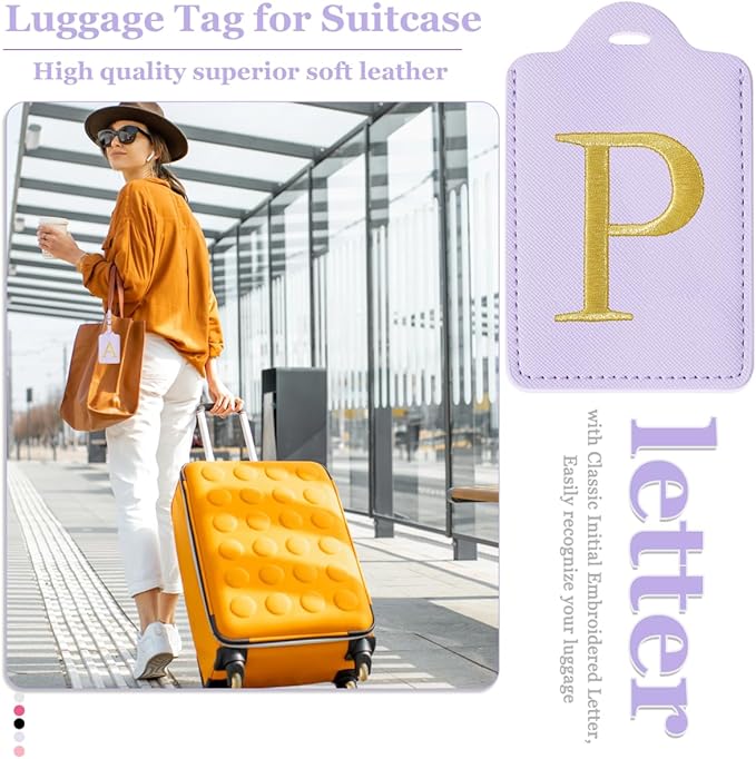Personalized Initial Luggage Tags for Suitcases,Leather Letter Cute Luggage Tags with Privacy Name Card,Embroidered Monogrammed Travel Bag Backpack Tag Gifts for Women Kids Girls Teens(Purple-P)