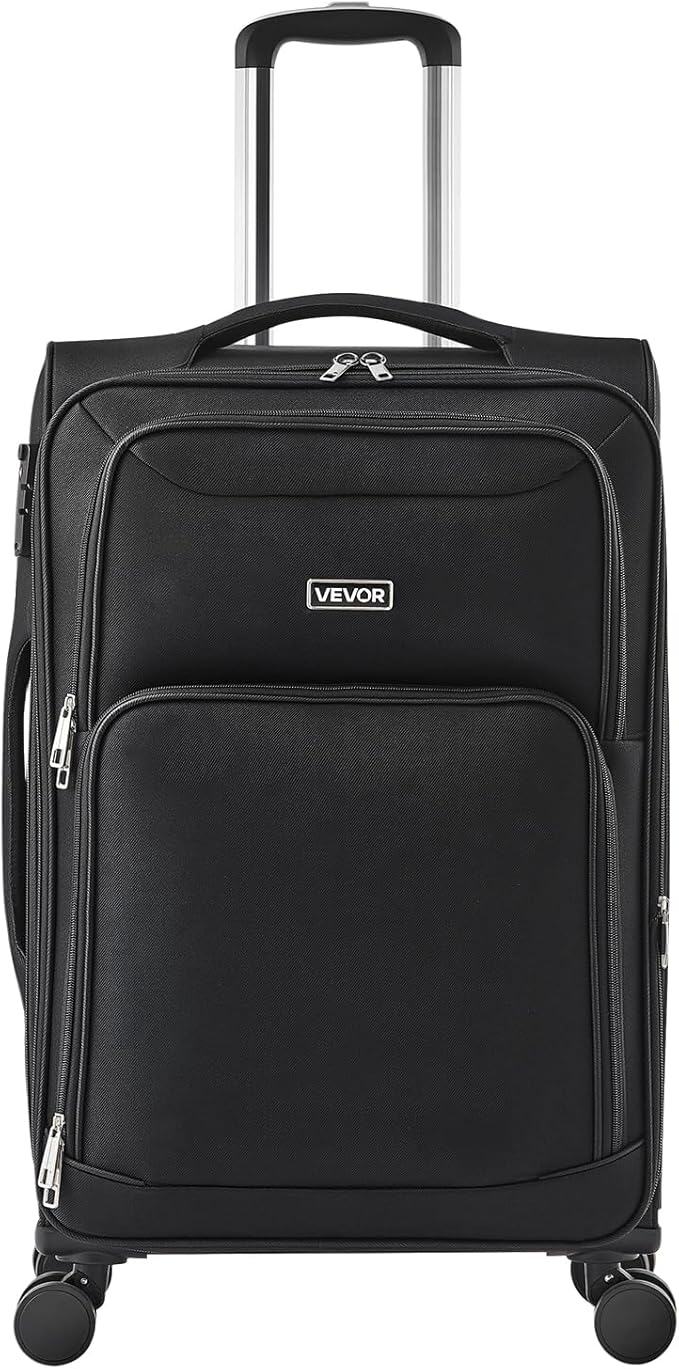 VEVOR Softside Expandable Luggage with Spinner Wheels, 24-Inch Softside Checked Medium Luggage, Lightweight Checked Suitcase with Expandable Zippered Pocket and TSA Lock, Black