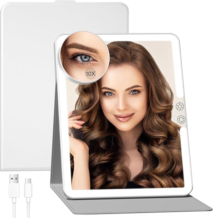 FUNTOUCH 2500mAh Large Rechargeable Travel Makeup Mirror with Light, Portable Makeup Mirror with 10X Magnifying Mirror, 3 Lighting Modes, Tabletop Folding Travel Mirror with PU Leather Cover (White)