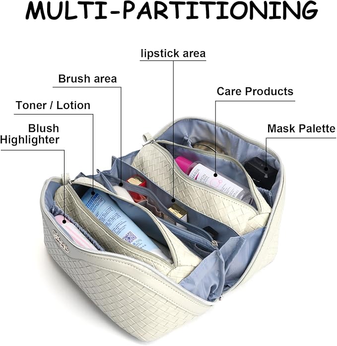 BOYATU Travel Makeup Bag Cosmetic Bags for Women: Large Capacity 3 Pcs Set Make up Bag with Compartments - Waterproof Vegan Leather Toiletry Organizer Bags with Handle (L09 Beige)