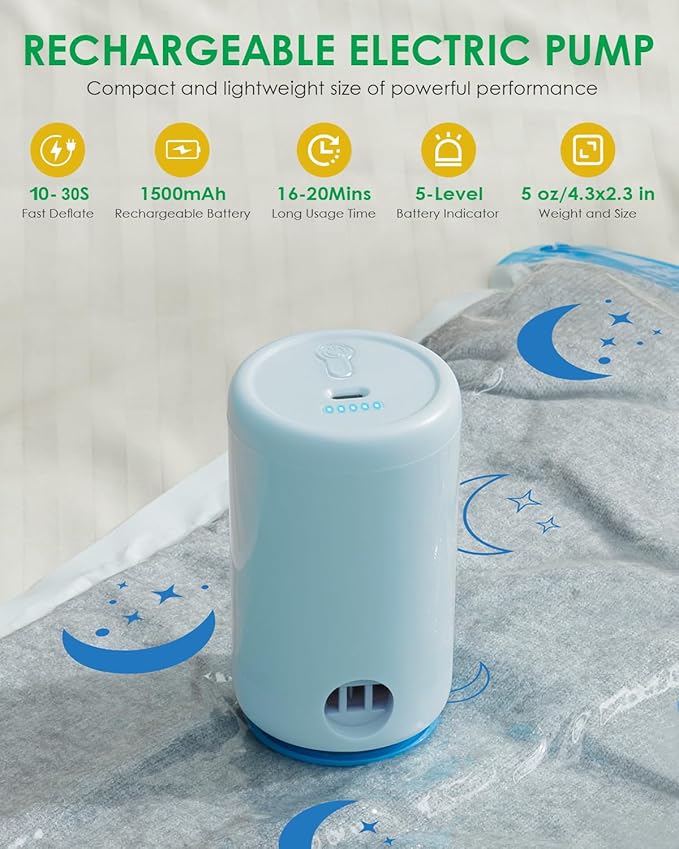 Travel Compression Bags, 25 Pack Vacuum Storage Bags with 1500mAh Rechargeable Battery, Vacuum Seal Bag for Space Saving Clothes, Blanket, Duvets, Pillows, Comforters, Travel Essentials, Luggage