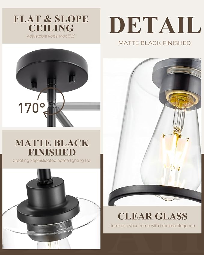 Beionxii 2 Pack Pendant Light Fixtures, Glass Pendant Lights Kitchen Island | Farmhouse Pendant Lighting,Modern Hanging Pendant Light w/Rod for Kitchen Island Dining Room Bedroom Entryway,BX-PL02MB-2CG+R