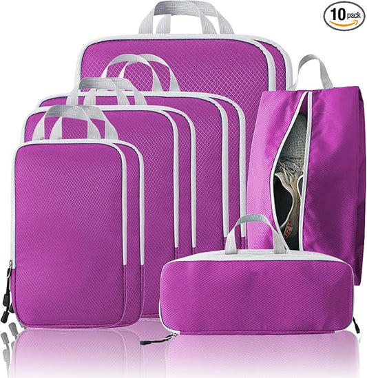 Compression Packing Cubes, 10 Set Packing Cubes for Travel Compression, Lightweight Compressible Package Organizer for Carry On and Suitcases, Purple and Grey