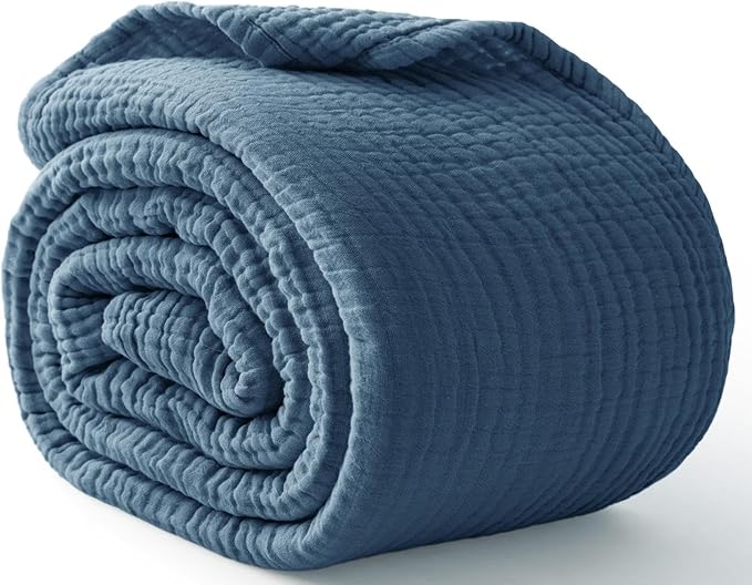 100% Cotton Muslin Blanket California King 120" x 90", 6 Layers Breathable and Lightweight Oversized Blankets for Bed, Soft Cooling Gauze Blanket for Adults All Season, Dark Blue