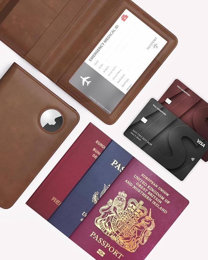 Stouchi AirTag Passport Holder, RFID Passport Holder with Airtag Slot, Multiple Passport Wallet Cover for Men, Leather Passport Case, Anti-Lost Waterproof Travel Accessories, Brown