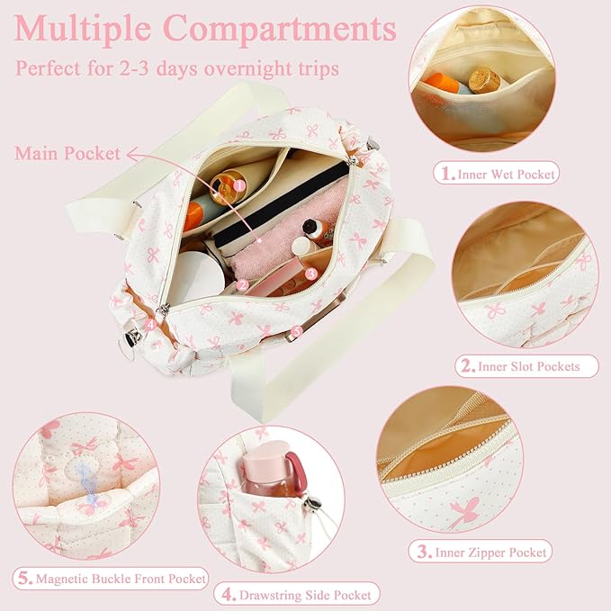 CAMTOP Mini Gym Bag for Women, Small Gym Tote Bag Puffy Quilted Sports Duffel Bag with Wet Compartment and Coin Purse Duffel Bags Dance Yoga Workout Bag for Gifts