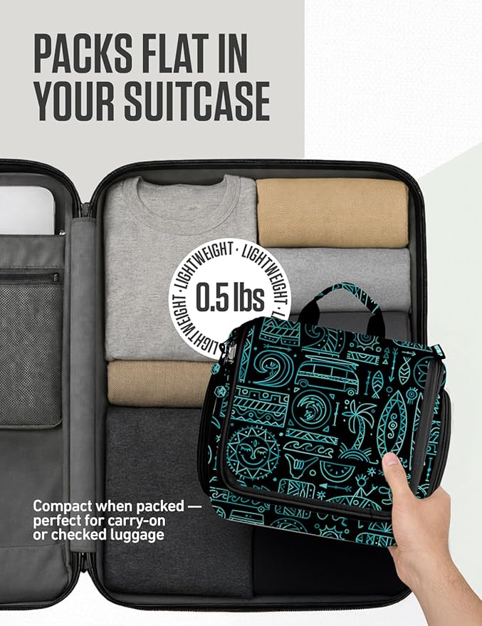 VENTURE 4TH Hanging Travel Toiletry Bag for Women & Men – Large Toiletry Organizer with 17 Compartments, Removable TSA Pouch, Travel Wash Bag for Toiletries, Makeup & Shaving Kit (Surfing Vibes)