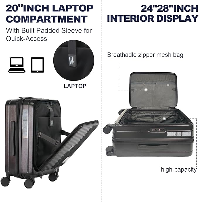 Merax Luggage Sets 3 Piece,Front Open PC Hardshell Expandable Carry on Suitcase with Spinner Wheels and TSA Lock,Lightweight 20in/24in/28in Luggage,Cement Grey