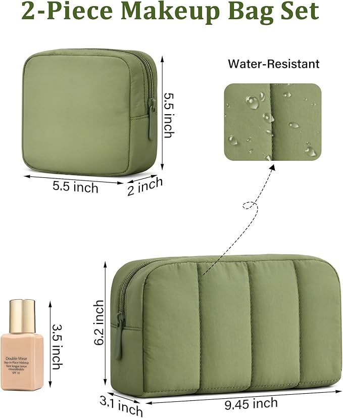 oscaurt 2 Pcs Makeup Bag Travel Toiletry Bag for Women Puffy Padded Cosmetic Pouch Purse Wide-open Makeup Organizer Case Travel Essentials