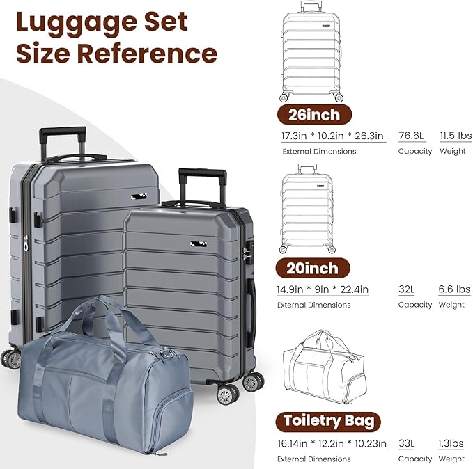 Luggage Sets 3 Piece, Hardside Carry On Suitcase with Spinner Wheels, Lightweight Durable Luggage for Travel | TSA Lock, Expandable Suitcase Set for Men and Women（20/26in） (Grey)