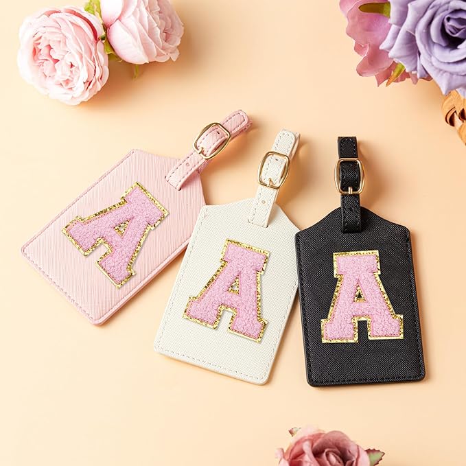 Initial Luggage Tag, PU Leather Luggage Tag, Embroidered Luggage Tag, Letter Luggage Tag, Monogrammed Luggage Tag, Luggage Tag for Baggage Bag Suitcase (A, Black Leather+Pink Letter)