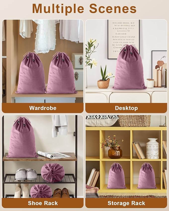 FantasyLife Shoe Bags for Travel, 17.3"x12.6" Washable Dust Bags for Storage & Packing, Flannel Shoe Pouch with Drawstring Closure for Purses, Handbags, Shoes & Toys (2, Parfait Pink)