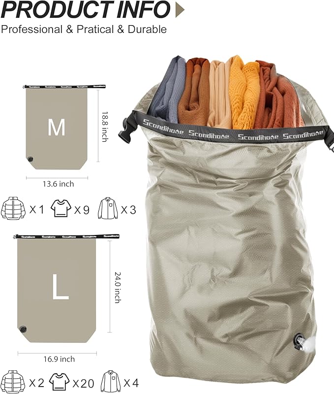 Travel Compression Laundry Bag, Pump-Free Vacuum Space Saver Bag for Dirty Clothes, Reusable Waterproof Wet Dry Bag, Travel Laundry Bag for Luggage, Packing, Suitcase (1 Pcs)(Gray, M)