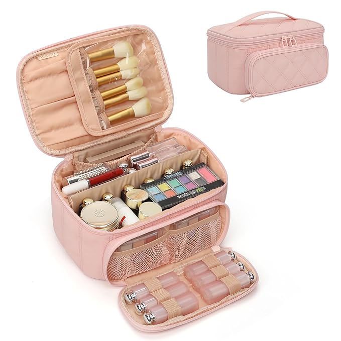 OCHEAL Makeup Bag, Multifunctional Make Up Bags Large Compact Makeup Bag Organizer Cosmetics Toiletry Brushes Storage Makeup Case with Handle for Women Girls Makeup Case with Handle-Pink