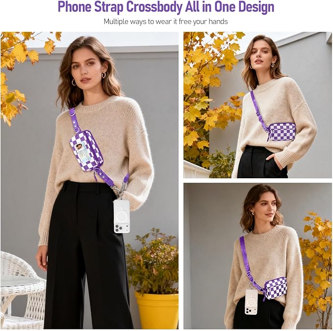 Tiostep Clip and Go Strap for Phone with Wallet Crossbody Phone Lanyard and Detachable Checkered Bag with ID Window and RFID Pouch for Daily Travel.