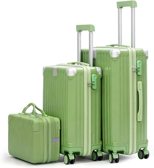 Carry On Luggage with Spinner Wheels,PC Hard Shell Suitcase with USB Port,Lightweight Travel Luggage Airline Approved for Men Women,Green,3-Piece Set (14/20/24)