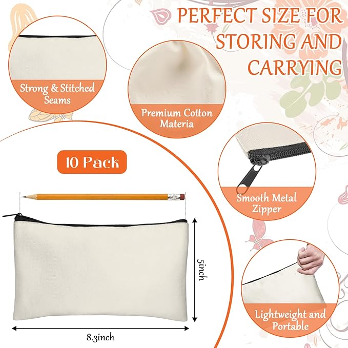 Legigo Blank Canvas Bag Zipper Pouch Makeup Bags Bulk - Multi-Purpose Canvas Pencil Pouch with Sturdy Zipper, Cosmetic Bag Travel Toiletry Bag for DIY Craft Projects, Storage (8.3 x 5 inches)