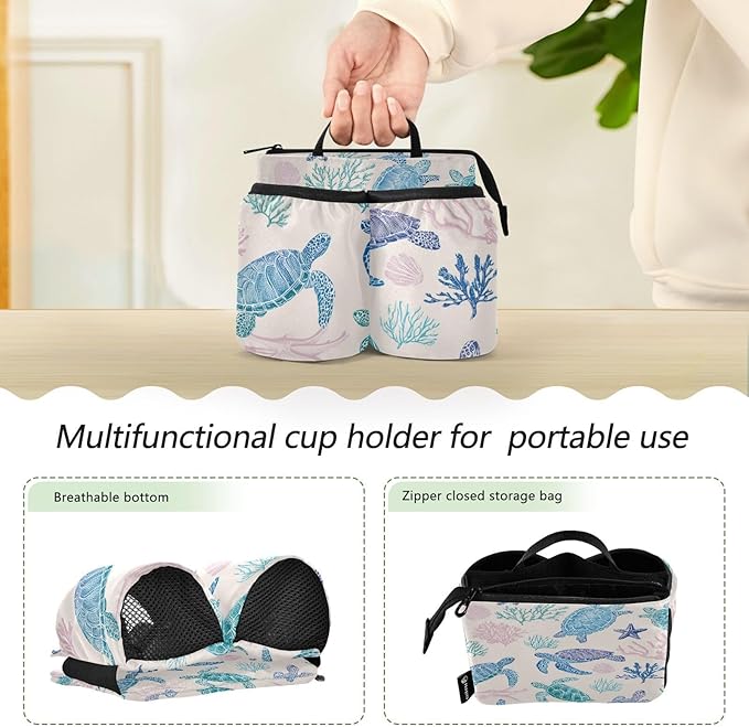 Line Turtles Starfish and Coral Luggage Cup Holder Travel Portable Free Hand Drink Carrier Suitcase Drinks Beverage Holder Carry-On Bottle Mug Holder Organizer Bag Travelers Accessories