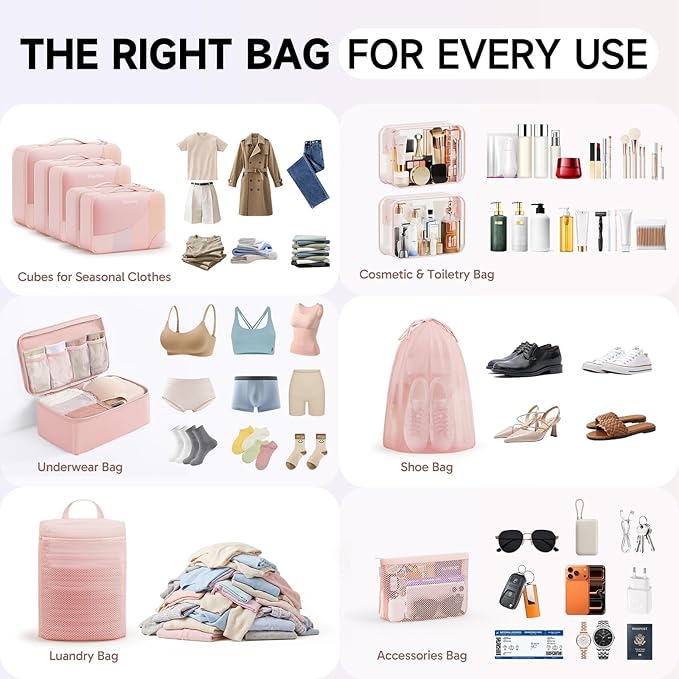 11 Set Packing Cubes for Travel, Gifts for Women Mom Kids, TSA Approved Bags for Makeup, Cosmetic, Toiletry, Suitcase Organizers for Checked Luggage, Cruise Essentials, Airplane Accessories, Pink