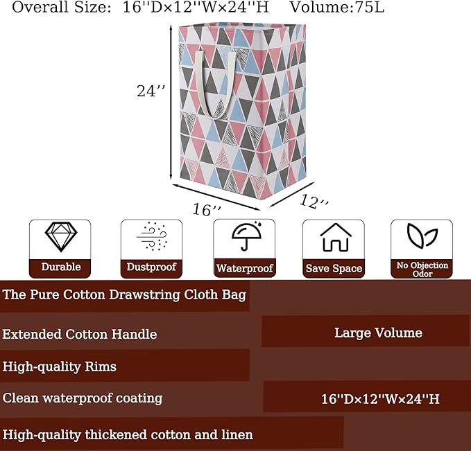 75L Waterproof Laundry Hamper Collapsible Laundry Basket Cotton Handle Laundry Bag Large Clothes Storage Toy Organization for Bathroom Bedroom Laundryroom College Dorms