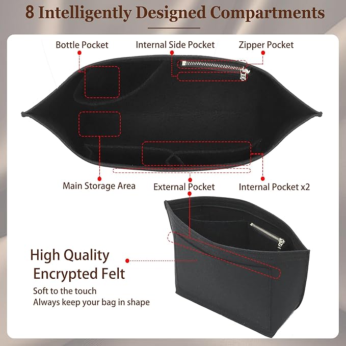 Doxo Longchamp Organizer Insert Medium, Felt Bag Organizer with Cup Holderp,Suitable for Le pliage M Tote Bag and More(Black,M)