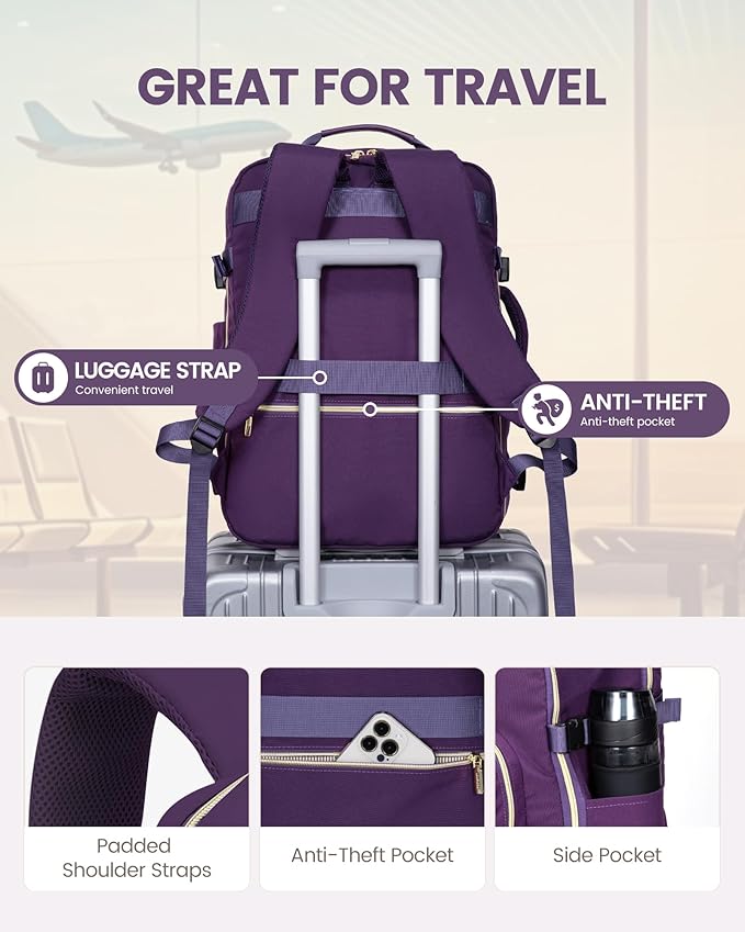 LOVEVOOK Travel Backpack for Women & Men 50L,Airline Approved Carry On Backpack Travel Essentials,TSA Carry on Luggage,Waterproof Personal Item Travel Bag,Suitcase with 3 Packing Cubes,Dark purple