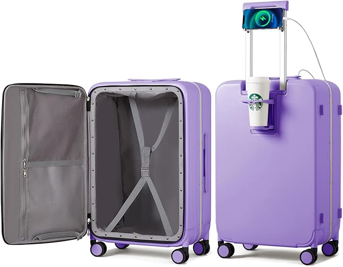 mixi Large Checked Luggage with Cup Phone Holder and Charger Hard Shell Suitcases with Spinner Wheels, 24 Inch Lilac Purple