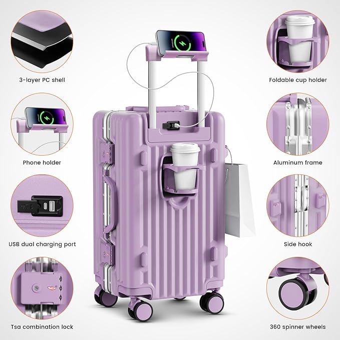 Carry on Luggage, 20 Inch Aluminum Frame PC Hardshell Suitcase with Cup Holder & Charger Port, Airline Approved Weekend Business Travel Case with Spinner Wheels, Tsa Lock