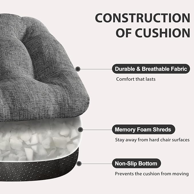 Quilmfoam 16.5"x15.5" Kitchen Chair Cushions Set of 4 for Dining Chair, Soft Tufted Non-Slip Memory Foam Seat Cushion with Ties for Indoor Kitchen Dining Furniture, Dark Grey