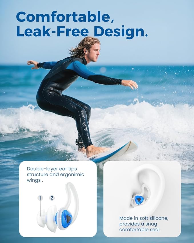 Ear Plugs for Swimming–2 Pairs Soft Silicone Reusable Waterproof Earplugs for Adults & Men Women, Custom Fit for Swimmers Ear, Pool, Beach, Snorkeling, Surfing, Kickboard Training(Blue)