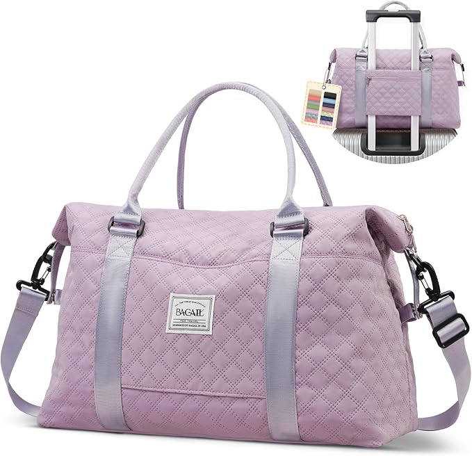 BAGAIL Travel Duffel Bag, Weekender Bags for Women, Overnight Gym Carry On Tote Bag with Wet Pocket, Hospital Mom Bag for Labor and Delivery - Grid-Purple