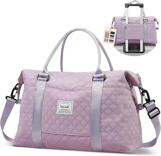 BAGAIL Travel Duffel Bag, Weekender Bags for Women, Overnight Gym Carry On Tote Bag with Wet Pocket, Hospital Mom Bag for Labor and Delivery - Grid-Purple