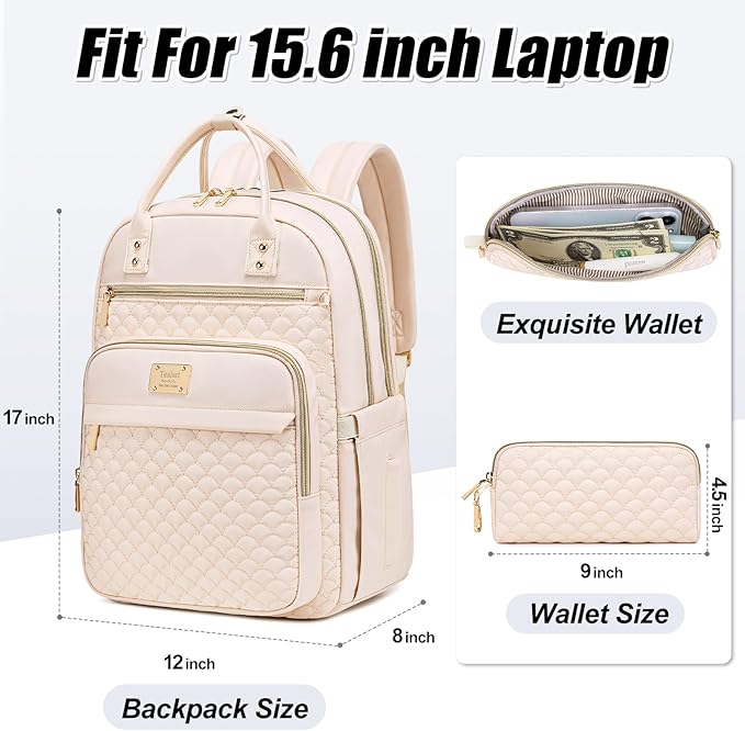 Tealari Laptop Backpack for Women,15.6 Inch Laptop Backpack for Work,Water Resistant Travel Backpack,College Bookbag with Wallet (Beige)