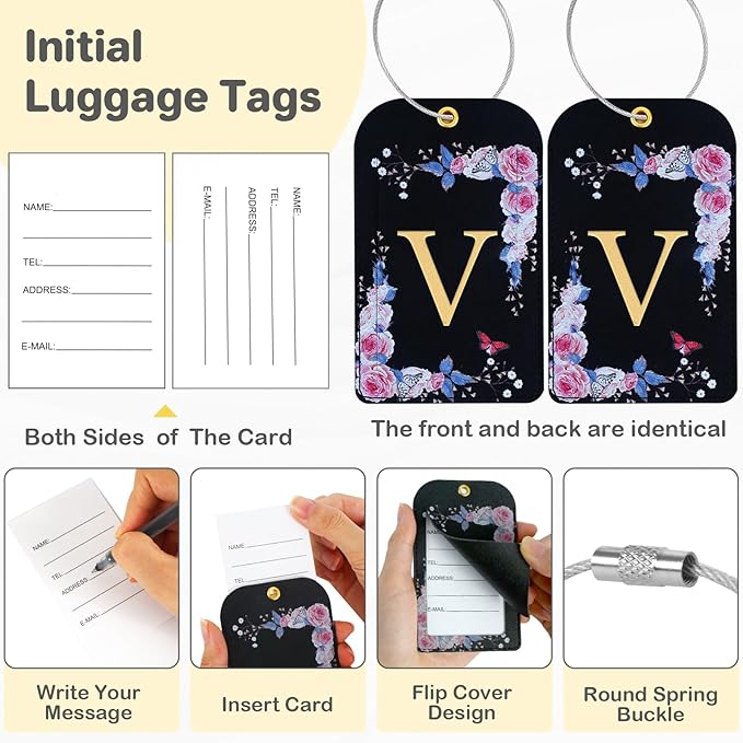 3 Pack Luxury Floral Luggage Tags, Durable PU Leather Suitcase Tags with Stainless Steel Cable Strap, Hidden ID Slot for Privacy Protection, Easy to Identify Waterproof Travel Accessories Gift (V)
