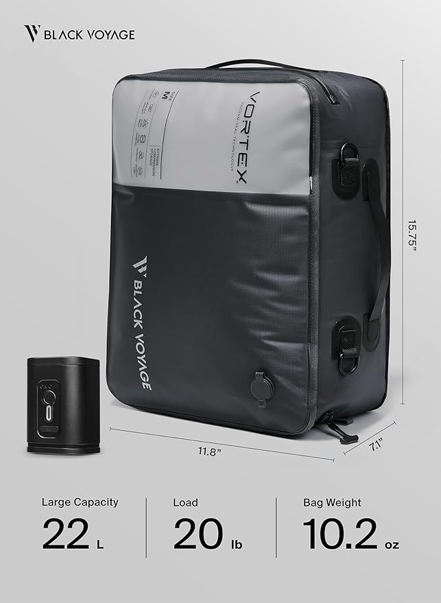 Black Voyage Reusable Vacuum Compression Travel Bag for Carry-On Suitcase and Backpack, Recycled IP67 Waterproof Space Saver Vacpack (2-Pack, 21L - Pump Included)