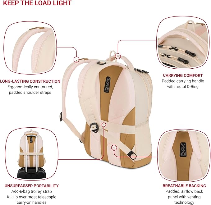 SWISSGEAR Cecil 18-Inch Laptop Backpack Fits 16-Inch Laptop, Travel Daypack with Organizer Pockets, Water Bottle Holders & Padded Straps – Cream/Warm Sand