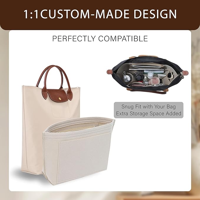 Premium Felt Purse Organizer Insert for Longchamp Le Pliage, Zipper Long Champ Bag Organizer Insert with Cup Holder, 8 Compartments