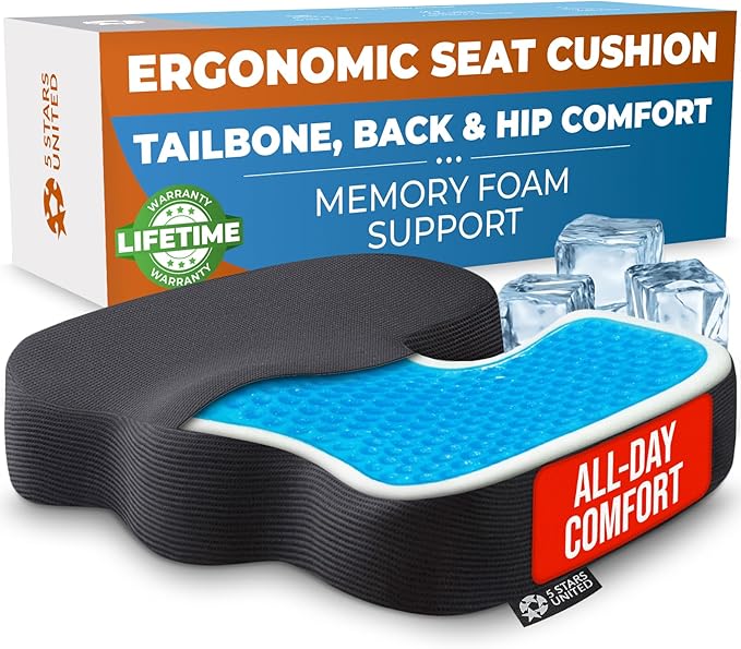 5 STARS UNITED Seat Cushion - Memory Foam&Cooling Gel Chair Cushion for Tailbone Pain Relief - Ergonomic Support for Coccyx, Sciatica & Butt - Office, Desk & Gaming Chair, Car Seat, Wheelchair, Black
