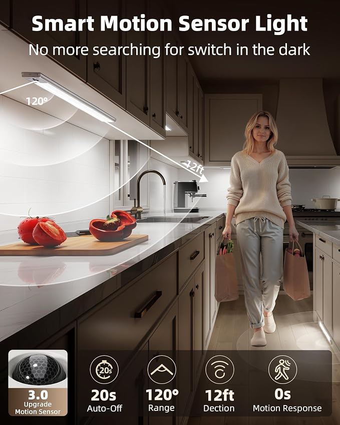 EZVALO 3-Pack 16.5inch Under Cabinet Lighting with Remote, 4000mAh Rechargeable Motion Sensor Lights, Magnetic Dimmable Closet Light, 3 Color Temps Wireless Lights for Kitchen, Pantry, Stair