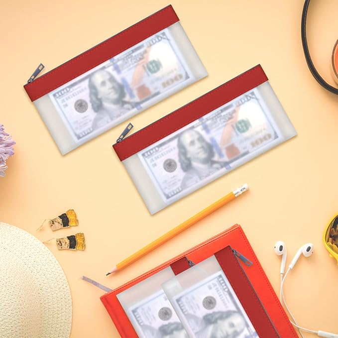 4 Pieces Money Bags With Zipper, Cash Envelopes, 7.6 x 3.7 Inch Money Pouch, Clear Bank Deposit Bag, Coin Bag for Collectors, Multi-Purpose Check Wallet (Red)