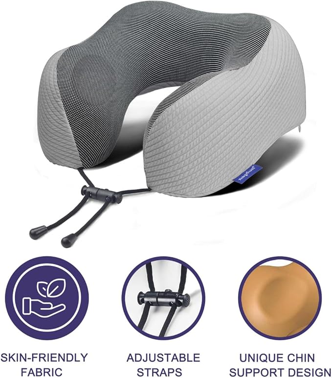 napfun Neck Pillow for Travel with Travel Pouch, Sleep Mask & Earplugs, Memory Foam Airplane Pillow for Headrest Sleep with Eyeshades, Plane Essentials with Eye Blindfold, Light Gray Striped Kit