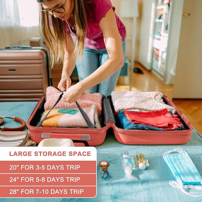 Kono 4 Piece Luggage Sets Expandable(only 28") with Spinner Wheels TSA Lock Lightweight PC+ABS Hardside Travel Rolling Suitcases 20in 24in 28in Carry on and 12in Mini Cosmetic Case Coral Pink