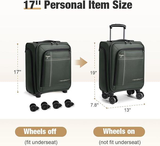Softside Carry on Luggage Airline Approved, 17 Inch Underseat Carry-on Luggage with Removable Spinner Wheels, Small Personal Item Suitcase for Travel Business (Green, 17 inch_Underseat)