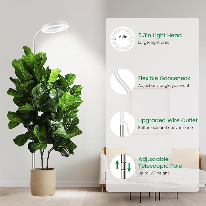 6000K Grow Light with Gooseneck, for Large Plants, 2Pack | Full Spectrum Plant Lights for Indoor Plants, 3 Colors Modes, 5 Dimmable Levels, 6/12/16H Timer, Soil Insert