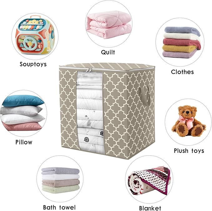 WISELIFE Storage Bags 2 Pack/100L Large Blanket Clothes Organization and Storage Containers for Comforters,Bedding, Foldable Organizer with Reinforced Handle, Clear Window, Sturdy Zippers,Beige