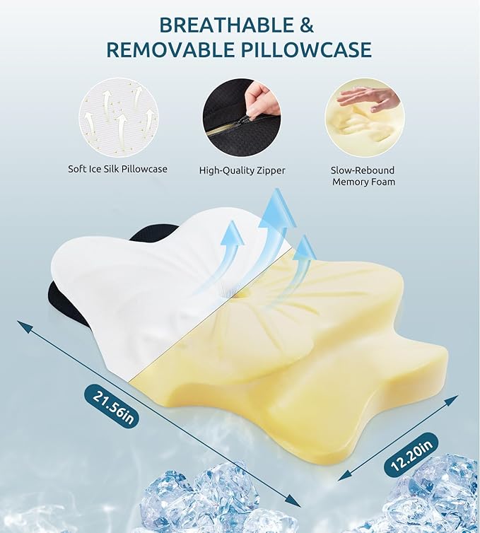 Cervical Neck Pillow for Neck & Shoulder, Ergonomic Contour Memory Foam Pillows for Sleeping with Washable Pillowcase, Neck Support Pillow for Back Stomach Side Sleeper Standard Size Black