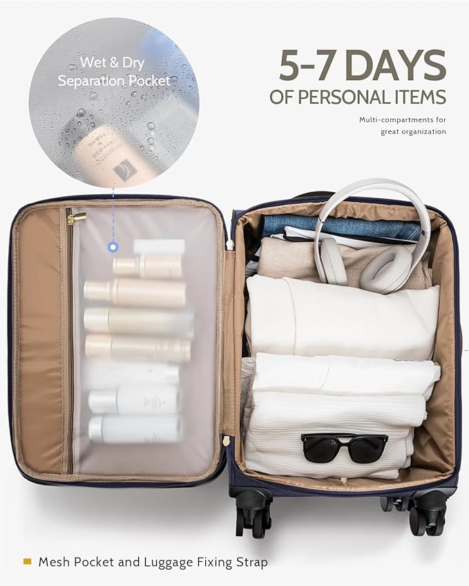Carry On Luggage 22x14x9 Airline Approved, 20 Inch Softside Suitcase with 360° Spinner Wheels & TSA Lock, Ultra-Lightweight Water-Resistant Large Capacity Luggage for Women & Men