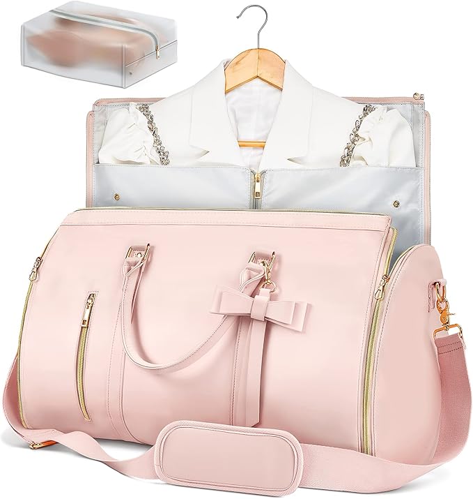Garment Bags for Travel, Convertible Suit Travel Bag for Women, Stylish Carry On Garment Bag with Toiletry Pocket, Shoulder Strap and Shoes Compartment, 2 in 1 Foldable PU Leather Duffle Bag, Pink