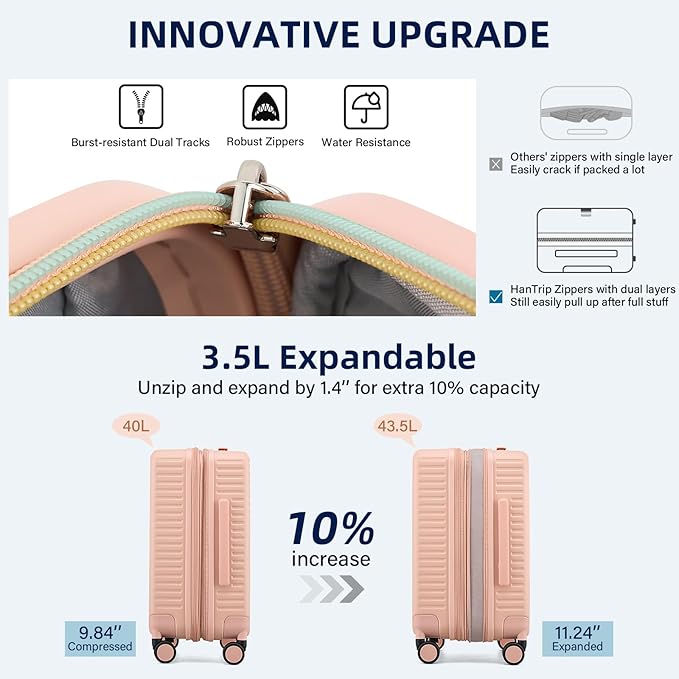 HanTrip Hard Shell Suitcases 20 Inch Carry on Luggage Airline Approved, Expandable Travel Luggage with Cup Holder Charger Built in Lightweight Small Suitcase with Wheels, Pink
